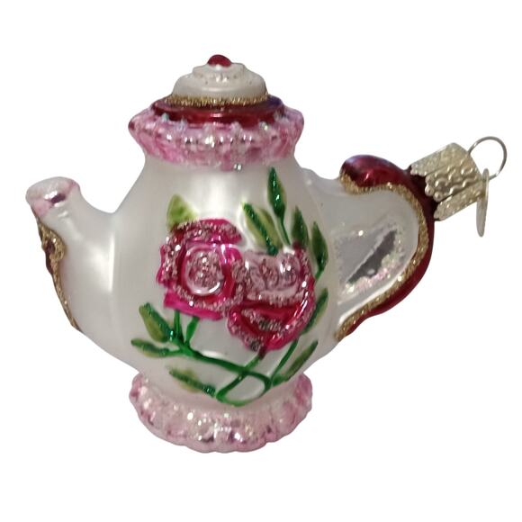 Old World Christmas Glass Ornament Pink White Teapot Rose Glitter - Picture 1 of 5